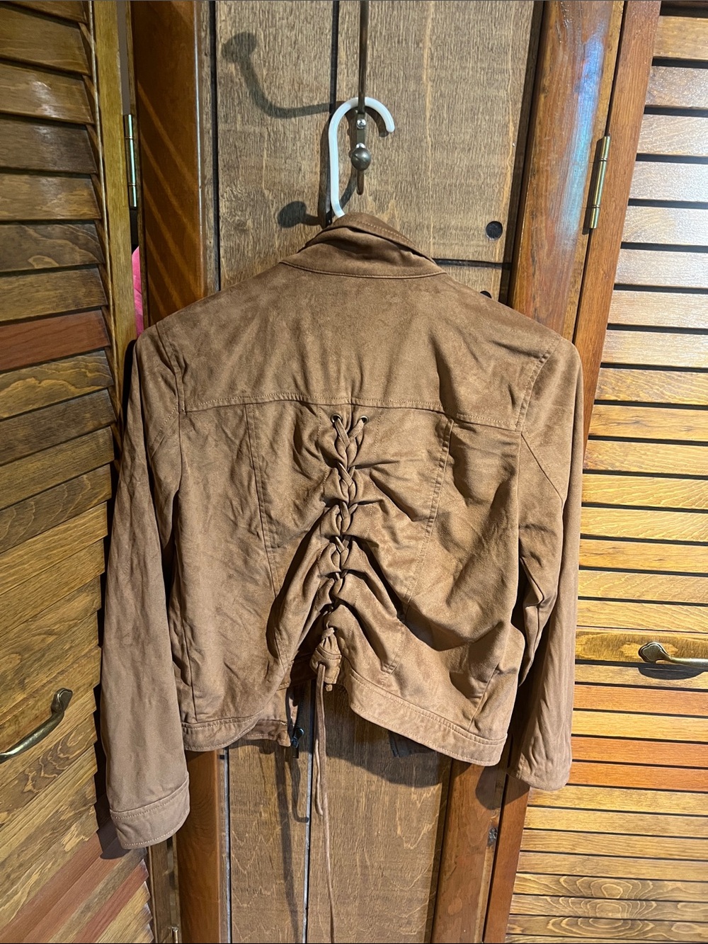 Women's Brown Lace-Back Faux Suede Leather Jacket